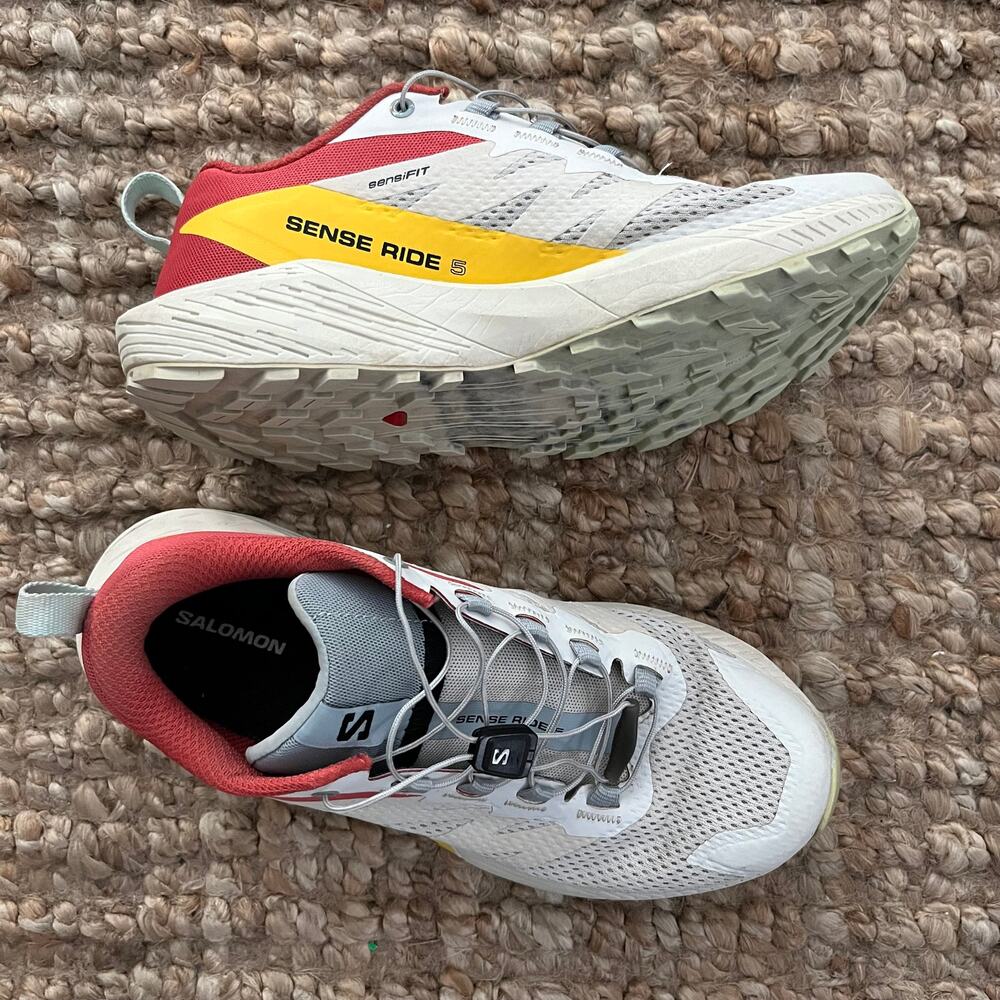 Salomon Sense Ride 5 Womens Size 7 Trail Running Shoes White Yellow Quicklace
